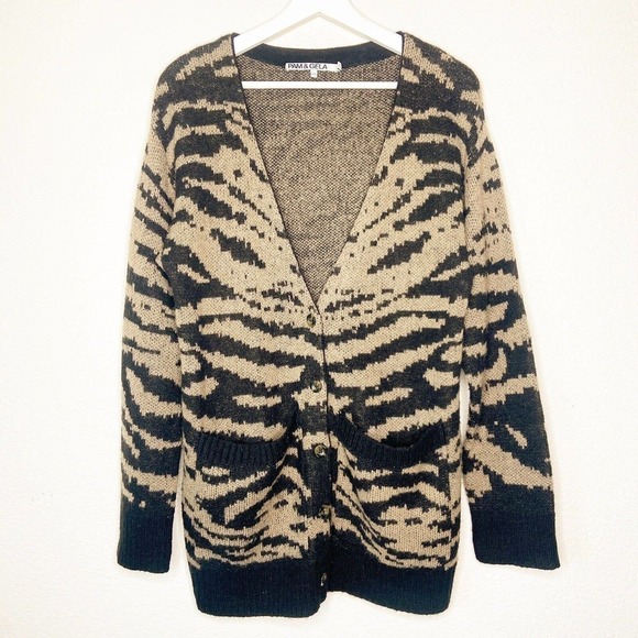 PAM & GELA Tiger Striped Pocketed Brown and Black Cardigan S - Picture 2 of 10